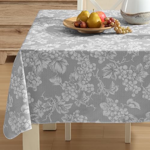 Lintex Home Bargains Plus 60 x 84 Inch Rectangle Vinyl Tablecloth with Flannel Backing, Traditional Grapevine Print, Waterproof Indoor Outdoor Dining Room, Party and Banquet Table Cover, Grey