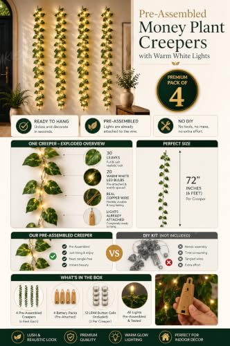 Image of Divyakosh Artificial Money Plant Creepers (Pack of 4) with Warm White LED Lights (Pre-Assembled), Artificial Plants for Home Decor, Living Room, Hanging Plants, Fake Plants, Green Leaf Decoration