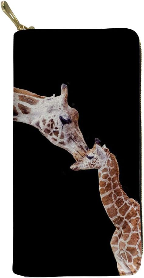 HUGS IDEA Giraffe Animal Printed Mother Love Long Leather Wallets, Outdoor Holiday Zipper Around Clutch Purse Waterproof