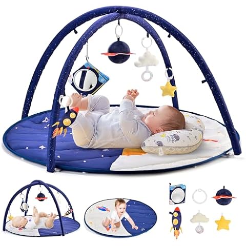 2PM SPORTS Space Theme Baby Play Mat, Tummy Time Mat, Baby Play Gyms & Playmats for 0-3 0-6 0-12 3-6 6-12 Months, Activity Mat 5 Detachable Toys, Newborn Infant Baby Boy Essentials Shower Gift Cover