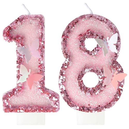 JonesLi 18Th Birthday Candles，Glitter Butterfly Cake Toppers Pink Sequins Wedding Numeral Cupcake Decorations，Suitable for Girl and Boy Wedding Cakes, Party Celebrations, Birthday Decorations (18)