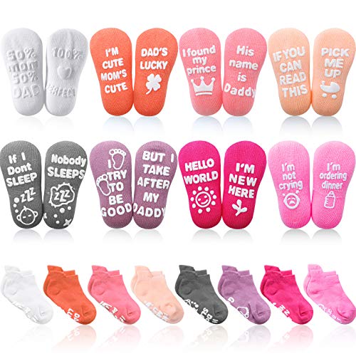 SATINIOR 8 Pairs Baby Non-slip Grip Ankle Socks Non-Skid Gripper Socks with Funny Sayings, 1-3 Years, 4.5 Inches(Pink Series)