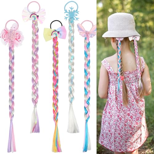 5 Stück Bunte Haarsträhnen, Regenbogen Prinzessin Zopf, Langhaar Perücke Zöpfefür Mädchen, Haarreif Zopf Mit Haargummi, Perücke Pferdeschwanz Haarteil Animation Cosplay Kinderperücke für Party Kostüm