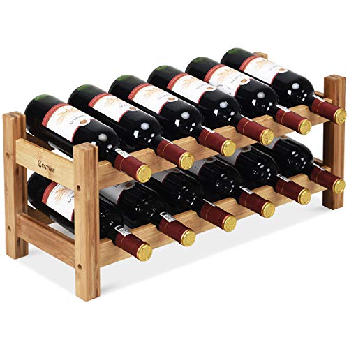 COSTWAY Wine Rack, Bamboo 12 Bottles 2-Tier Wine Display Rack for Countertop Home