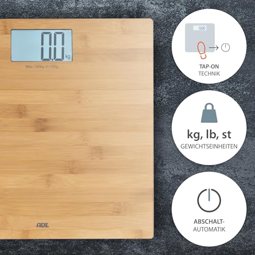 ADE Digitale Personenwaage BE 925 Martina. Elektronische Badezimmerwaage mit Wiegefläche aus echtem Bambus. Zur genauen Gewichtsbestimmung bis 150 kg. Mit großem Display. Inklusive Batterie. Braun