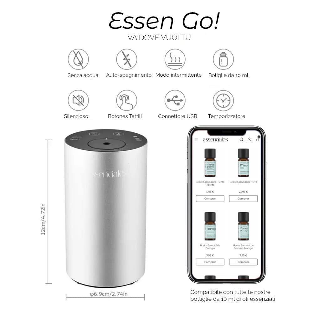Profumatore Auto ESSENGO con Oli Essenziali - Fragranza Naturale e Durevole, Regola l'Intensità a Tuo Piacimento - Senza acqua né cavi, include 2x10ml di Limone ed Eucalipto.