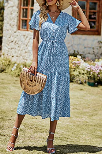 PRETTYGARDEN Summer Floral Dress for Women 2025 Casual Boho Short Sleeve Maxi Dresses V Neck Tiered Flowy Beach Sundress
