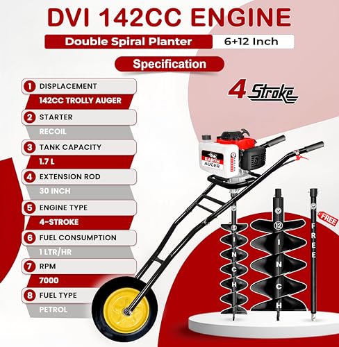 Image of DVI 142CC Trolley Earth Auger Machine, 4-Stroke Petrol Engine - with 6 Inch + 12 Inch Double Spiral Planter Bits & Free Extension Rod | for Plantation, Fencing & Post Hole Digging in All Soil Types.