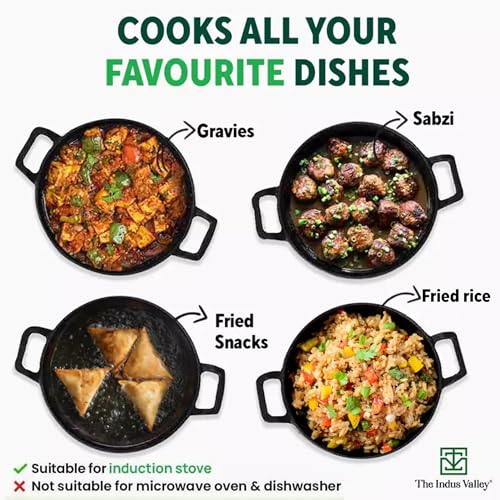The Indus Valley Pre-Seasoned Cast Iron Kadai with Curved Handle | Medium, 25cm/9.8inch, 3.2Ltr, 3.3kg | Induction Friendly | Naturally Nonstick... - Image 7