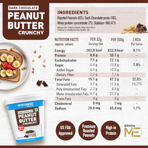 Image of MYFITNESS Peanut Butter High Protein Dark Chocolate Spread Crunchy 1kg | Added Whey Protein | 30g Protein for Muscle Building | 7g Fiber | Pre & Post-Workout Snacks | Cholesterol Free | Zero Trans Fat