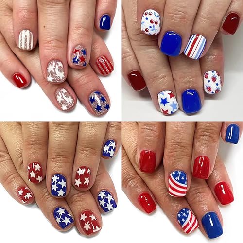 96Pcs Independence Day Press on Nails Short Square 4th Style Combinations French False Nails Artificial Acrylic Nails July 4th Fake Nails Full Cover Glossy Coffin Nails Glue on Nails for Women