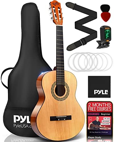 Pyle Classical Acoustic Guitar Kit, 3/4 Junior Size Instrument for Beginner Kids, Adults, 36" Natural Gloss