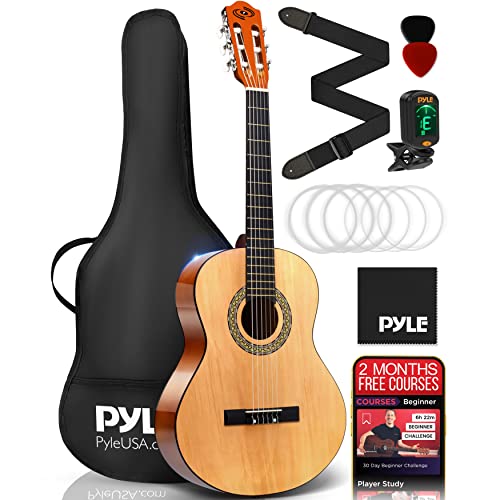 Pyle Classical Acoustic Guitar Kit, 3/4 Junior Size Instrument For Beginner Kids, Adults, 36” Natural Gloss #TOP7