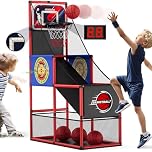 HYES 2 in 1 Basketball Arcade Game with 2 Dart Boards/Electronic Scoreboard/LED Light, Single Shot Kids Basketball Hoop for Home Indoor Outdoor, Sport Toys Gifts for Boys Girls Ages 3-12 Years Old
