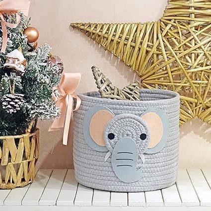 Kids Rope Storage Basket with Lid - Elephant Character - Foldable Toy & Diaper Storage Bin