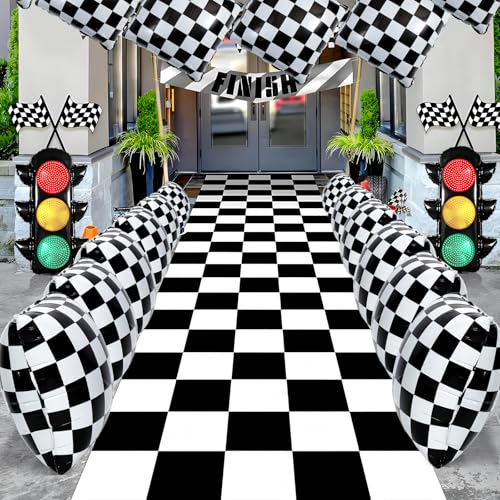 Image of 20Pcs Race Car Square Balloons Black and White Checkered Balloon Set for Boy Adult Wheel Tire Checkered Party Decoration for Racing Party Square Balloon Wall, Boys Birthday Favors 13.3In