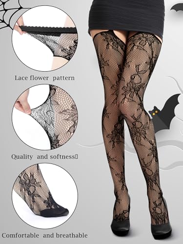 Image of Geyoga 2 Pcs Lace Fishnet Stockings Tights Floral Gloves Black Suspender Pantyhose Long Gloves for Women Halloween Cosplay