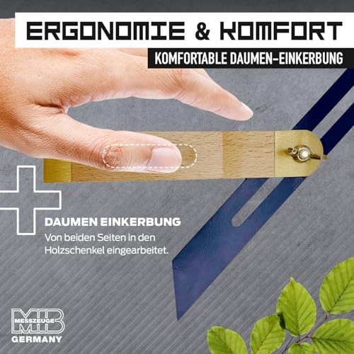 MIB Schmiege mit Buchenholzschenkel & blauer Klinge 250x28x1,0 mm | Winkelmesser für Zimmermannswinkel | Winkelschmiege mit Messingbeschlag | Messwerkzeug für Schreiner & Tischler | Präzisionswinkel