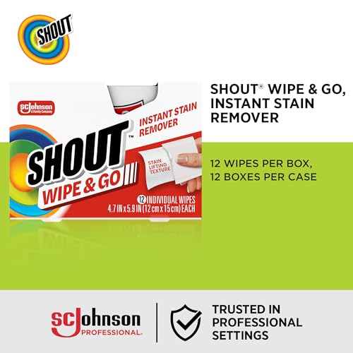 Image of SC Johnson Professional Shout Wipe and Go Stain Remover Wipes, 144 Count | Portable double-sided textured wipes for makeup, coffee, juice and wine stains; 12 pouches of 12, 144 wipes