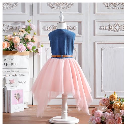 Little Girls Denim Dress Sleeveless Tops Stitching Irregular Hem Tulle Tutu Skirt One Piece Outfit with Belt3