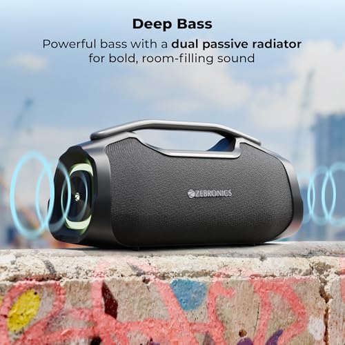 Image of Zebronics 2026 Launch 50W Bluetooth Speaker, Dual 5.7cm Drivers, 8.9cm Subwoofer, Upto 5Hrs Playback, Dual Passive Radiators, RGB Modes, 6.3mm Mic Input, TWS, BT v5.3, Type-C (Sound Feast 450)