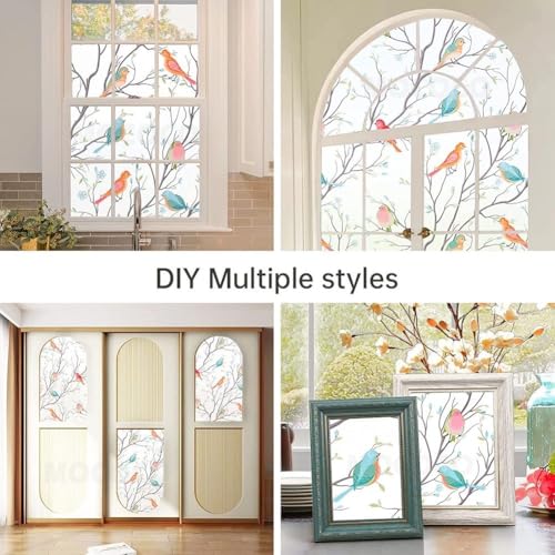 Image of MOCOCO Premium Vinyl Privacy Stained Window Glass Sticker (18x96 Inch) - Self-Adhesive Decorative Film Opaque Sheet Tint Wallpaper for Glass Cover Window, Door, Office, Home.| Anti-UV. Colorful Birds