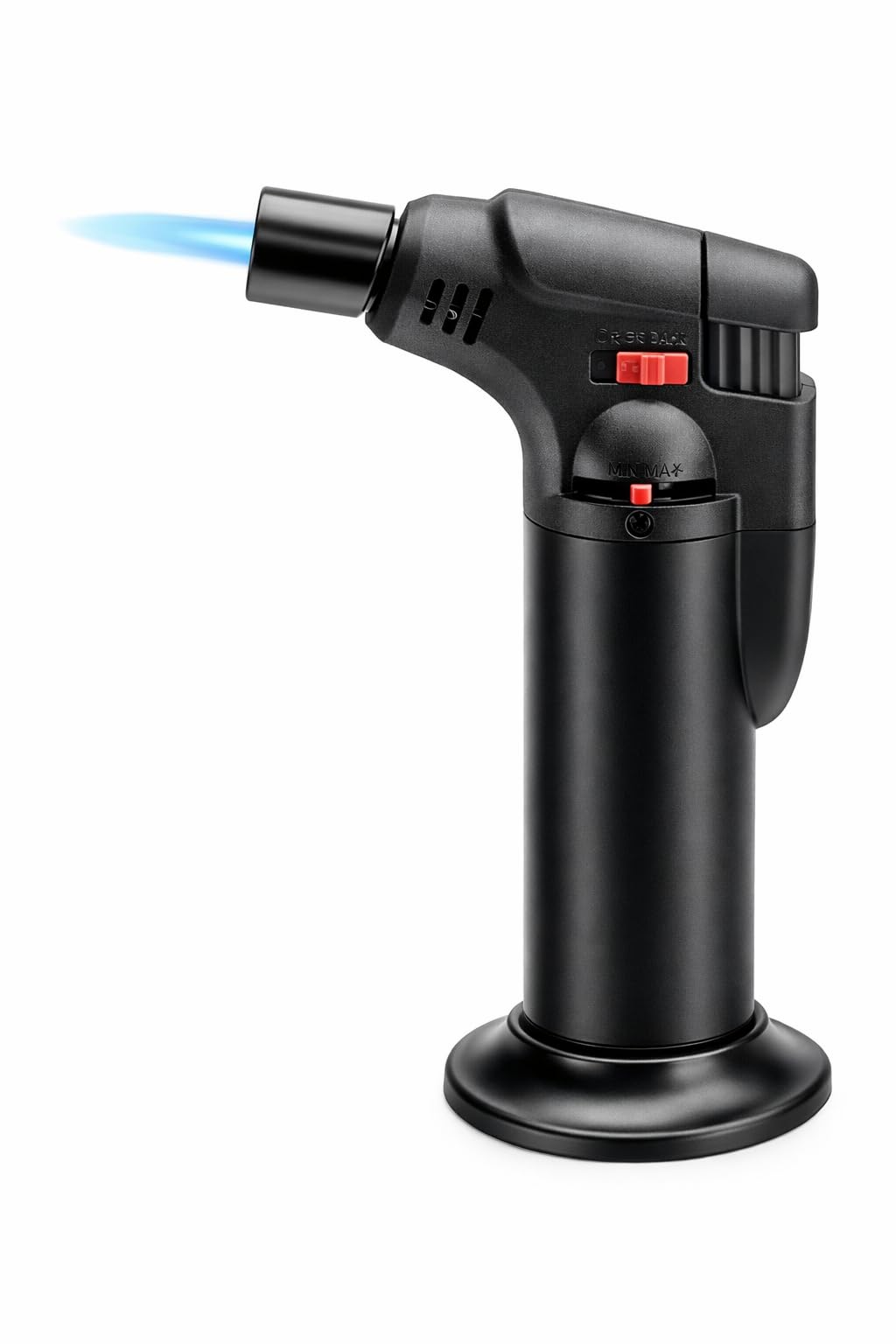 Soplete Encendedor de Gas Profesional con Llama Azul Ajustable, Encendido Piezoeléctrico, Recargable, Base Estable, Seguro de Bloqueo, Negro, Ideal para Cocina y Repostería