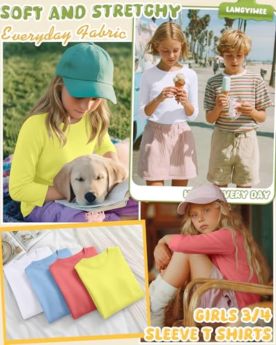 Image of 4 Pack Girls 3 /4 Sleeve T Shirts Kids Crewneck Elbow Sleeve Casual Tops Solid Basic Cute Teen Tees 5-14Y