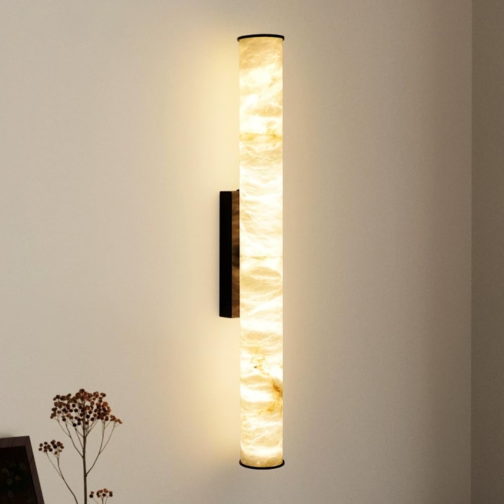 JYBNBBE Wall Sconces Modern Marble Wall Light Long Linear Alabaster Sconce Brass Bathroom Cylindrical Stone Wall Lamp Mid Century Lighting for Living Room Kitchen Hallway,Black-60CM