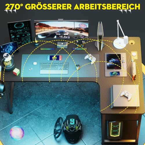 Schreibtisch Gaming Tisch mit Regal, Eckschreibtisch mit USB-Ladeanschluss und Steckdose, 120cm Computertisch L Form, PC Tisch für Büro, Heimbüro – Bild 5