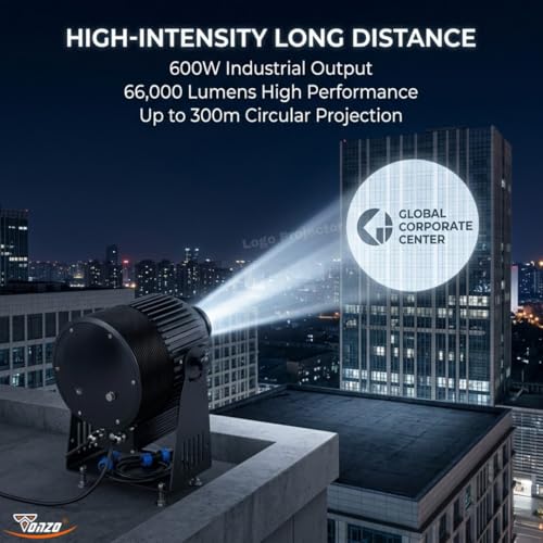 Image of TONZO 600W LED Logo Projector Light, 66000 Lumens, 7-300ft Range, 1 Custom Lens, IP67 Waterproof Outdoor GOBO Projector with Remote, Static & Rotating Signage Light for Shop Event Business Storefront