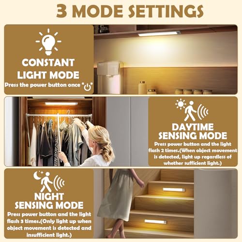 QENLAI 16 inch Under Cabinet Lighting, 80 LED Motion Sensor Closet Light, 1500mAh Rechargeable Battery Dimmable 3 Color Temperature Magnetic Wireless for Kitchen, Shelf, Stairs, Wardrobe, 6 Pack by QENLAI - Used condition - Image 3