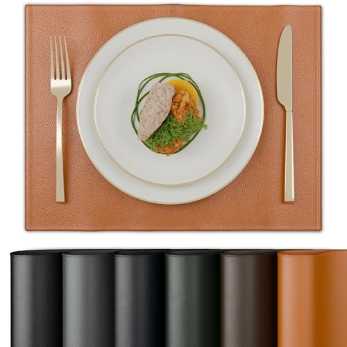 Image of Encasa XO Leather Dining Table Mats Set of 6 | Water Repellent & Heat Resistant Dining Table Mats | Washable & Easy to Clean Placemats for Kitchen Decor - 42x30 cm (Tan)
