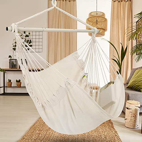 Y- Stop Hammock Chair Hanging Rope Swing, Hanging Chair With Pocket, Max 330 Lbs, Quality Cotton Weave For Superior Comfort, Durability (Beige) #TOP5