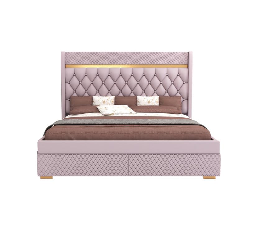 Image of MAMTA DECORATION Solid Wood Queen Size Bed with Hydraulic Box Storage | Premium Velvet Upholstered Tufted Headboard Double Bed |Wooden Cot Bed for Bedroom, Home, Hotel & Guest Room|Light Purple Finish