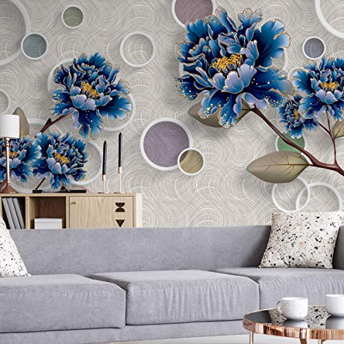 Muralo Papel pintado fotográfico de vinilo liso, efecto 3D, flores y círculos, 90 x 60 cm, para salón o dormitorio