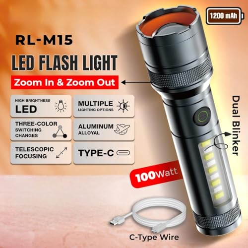 Image of RL-M15 Professional 100W LED Flashlight | Super Bright Long Range Torch | Telescopic Zoom | Rechargeable Type-C for Emergency Use