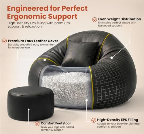 Image of Sattva Piping 2XL Sofa Style Bean Bag Chair with Beans Filled | Faux Leather Bin Bags Set with Footstool & Cushion | Beam Bag for Adults, Teens, Home & Living Room - Black with Yellow Piping