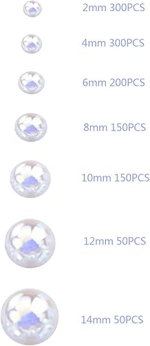 Miniatura 2 de 1200 gemas de perlas blancas AB con parte trasera plana, tamaño mixto de 246810120.551 in, cuentas de perlas semicirculares para manualidades,