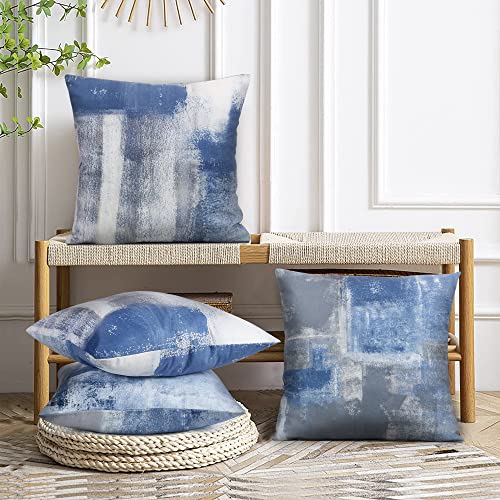 Balaena Blue And Grey Decorative Throw Pillow Covers Aqua Gray Navy Blue Abstract Art Painting 18X18 Inch Modern Cushion Cover 4 Pcs Accent Pillowcase For Sofa Couch Bed Living Room Outdoor Home Décor #TOP4