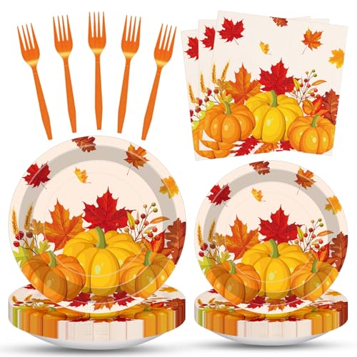 100 Pcs Fall Pumpkin Maple Tableware Party Supplies Set, Serves 25 – Disposable Autumn Harvest Paper Plates, Napkins, and Forks, Thanksgiving Day Dinnerware for Friendsgiving Gatherings Decorations