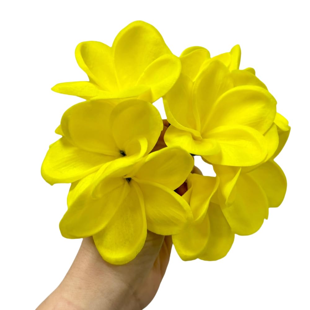 10 pcs Artificial Plumeria Flowers -1.5inch Stems & 3inch Real Touch Lifelike Frangipani Fake Flower Bouquets for Cake Top Home Office Wedding Engagement Party Spring Flowers Decor (Yellow)