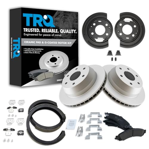 Image of TRQ Rear Brake Pad and Rotor Set Ceramic Coated Parking Shoe Backing Plates Compatible with 2002-2006 Chevrolet Silverado 2002-2006 GMC Sierra 2003 Yukon Cadillac Escalade Suburban Tahoe Avalanche