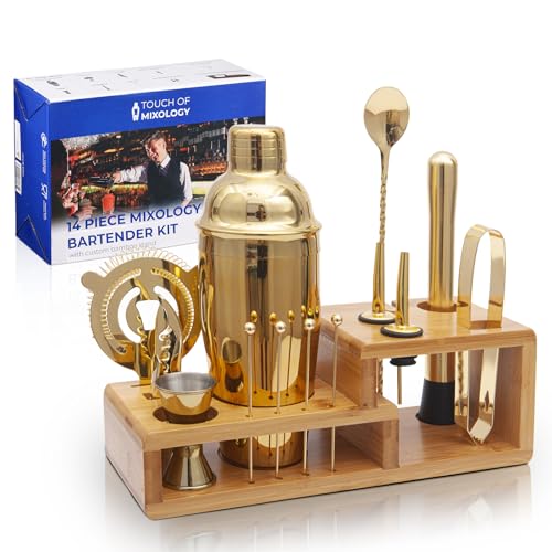 Touch of Mixology Kit de camarero con coctelera, elegante soporte de bambú, vertedores de licor para una experiencia perfecta de mezcla de bebidas, juego de coctelera de 14 piezas (dorado)