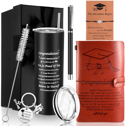 Lyrow Graduation Gifts Set for Her Him Congrats Grad Class of 2026 Inspirational Gift 20oz Tumbler with Lid Leather Journal Notebook Bracelet Keychain for Congratulation Graduate Favor(Brown)