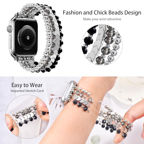 V.R.HOPE Beaded Straps Compatible with Apple Watch Straps 40mm 42mm 41mm 38mm Women, Unique Elegant Pearl Band for iWatch SE Series 11 10 9 8 7 6 5 4 3 2 1 - Black Silver, Small - Image 2