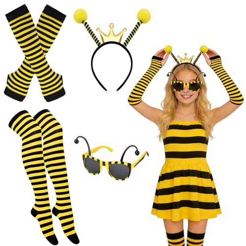 Forbabe Bienen Kostüm Bienenkostüm Accessoire Set mit Bienen Haarreif Sonnenbrille Überkniestrümpfe Lange Handschuhe für Fasching Karneval Fasching Kostüm Verkleidung Marienkäfer