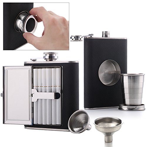 Flask Set [2018 Gift for Men] - Cigarette Flask (1) + Shot Glass Flask (1) + Funnel (2) (Cigarettes Not Included)