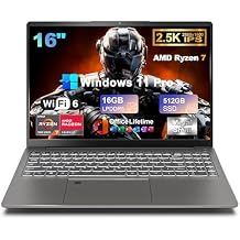 16" IPS 2.5K Gaming Laptop Computer, 8-Core AMD Ryzen 7 6800H Up to 4.7GHz, 16GB DDR5 512GB SSD, AMD Radeon 680M, Fingerprint, Backlit Keyboard, WiFi 6, Type-C, w/Lifetime MS Office, Windows 11 Pro