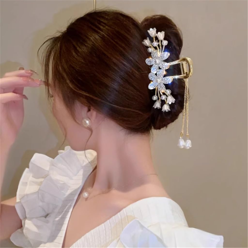 Flower rhinestone tassel metal scrunchies female back of plate hair clip oversized shark clip headdresses